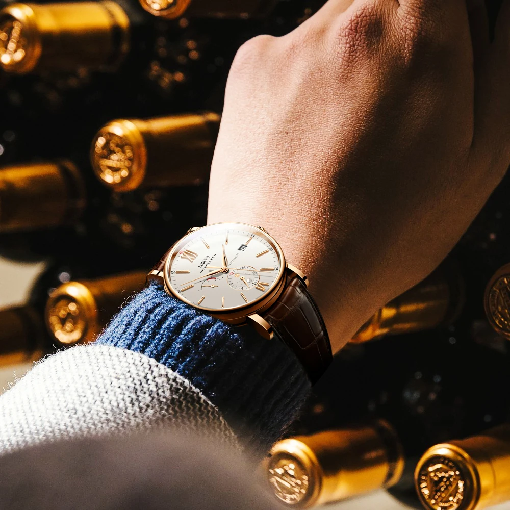 Швейцарские часы LOBINNI Luxuy, Мужские автоматические механические часы, мужские часы, кожаные часы, сапфировые, водонепроницаемые, relogio masculin