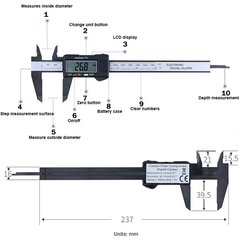 Измерительный инструмент, пластиковый ЖК-цифровой Электронный штангенциркуль из углеродного волокна, штангенциркуль, микрометр, цифровой штангенциркуль