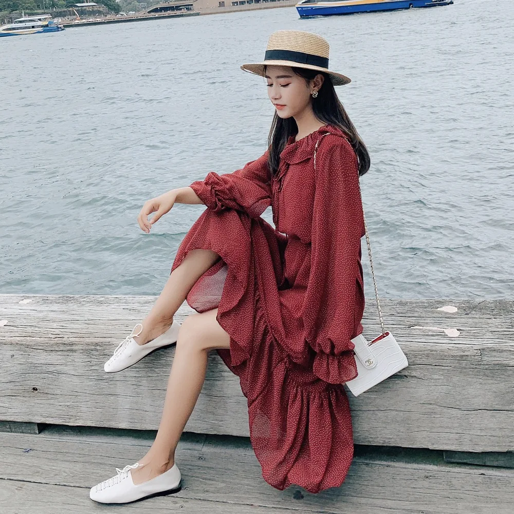 

Photo Shoot 2019 Spring New Style Korean-style INS Women's Vintage France Non-mainstream Skirt Long Chiffon Polka Dot Dress