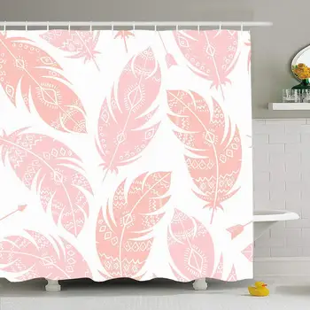 

Shower Curtain Set with Hooks 72x72 Aztec Feathers Print Pattern Romantic Ornamental Pink Peach Abstract White Catcher Textures