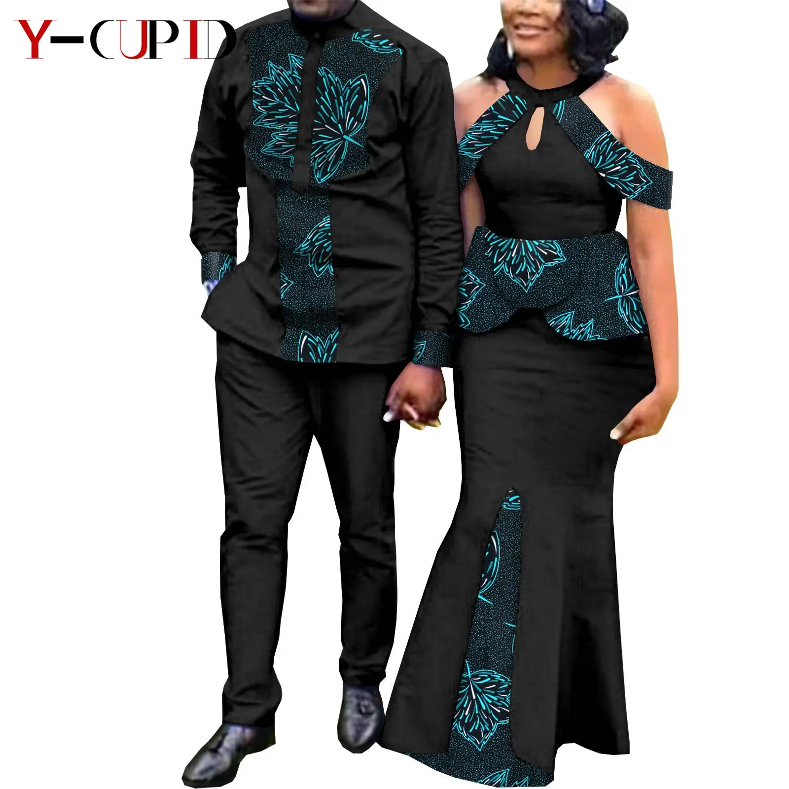 African Dresses For Women Match Men Outfits Bazin Lover Clothes Print Evening Mermaid Dress Men Shirt And Pants Sets Y21C024