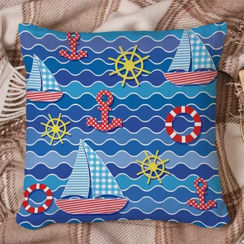 

Sailing Sea Waves Rudder Lifebuoy Anchor Blue Pillow Covers Cases Cushion Pillowcase Square Print