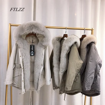 

FTLZZ 2020 Winter Down Jacket Real Fox Fur Hooded Parkas Warm Thickness Adjustable Waist Snow Overcoat Natural Fur Collar Coat