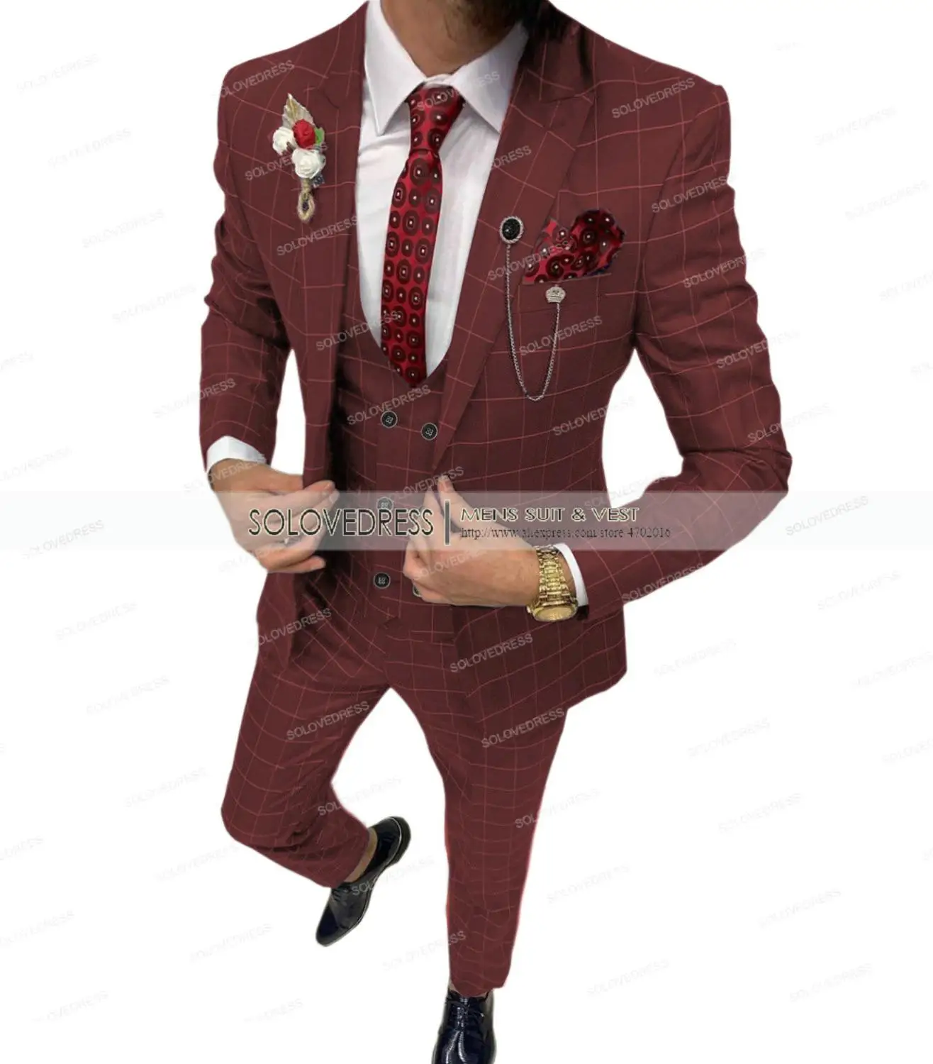 Royal Blue Casual Men's Suit Slim Fit Type 3 Pieces Double Breasted Breathable TR Plaid Thin Prom Dress Jacket Party Travel