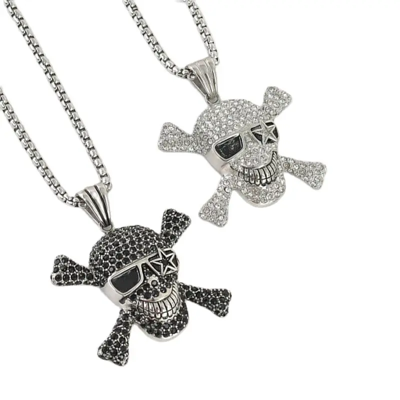 

316 stainless steel Rock skull pendant & necklace Full Black/white CZ stones skull hip hop punk necklace for men