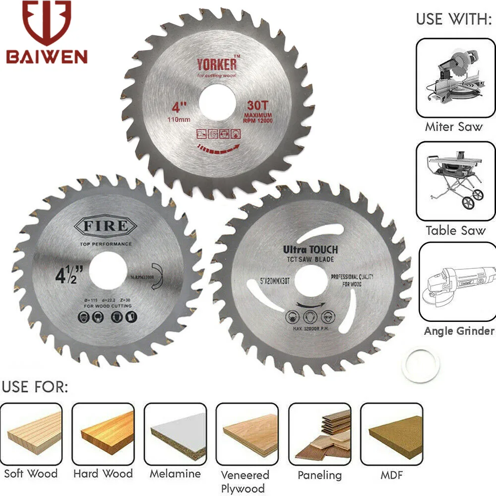 110mm/115mm/125mm Saw Blade Circular Wood Cutting Discs Alloy Cutting Wheels Power Tool For Woodworking Fits Angle Grinder 125mm brushless angle grinder fit for dewalt 18v 20v battery 4 gears cordless grinding machine cutting woodworking power tool