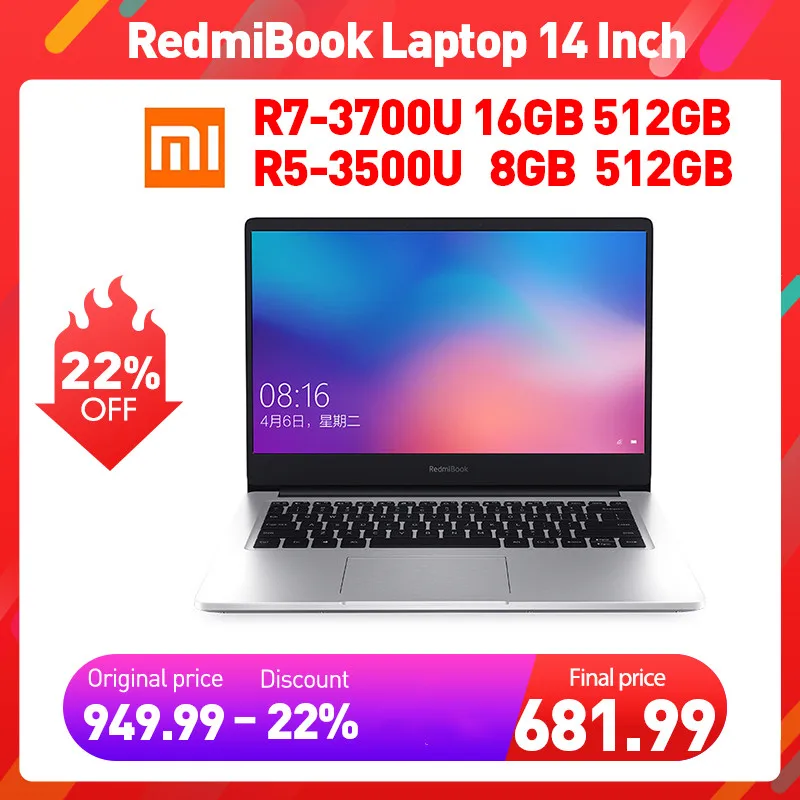 Xiaomi-ordenador portátil RedmiBook, 14 pulgadas, AMD Ryzen 7-3700U 5-3500U, 8GB de RAM, DDR4 512GB de ROM, SSD, gráficos integrados, Odeon Vega 8, Notebook