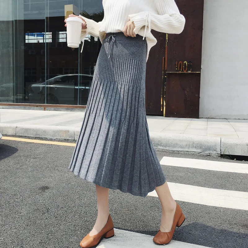 

Skirt Women's Autumn And Winter High-waisted 2018 Korean-style Pleated New Style Mid-length Korean-style Knit Shift Slit Long Sk