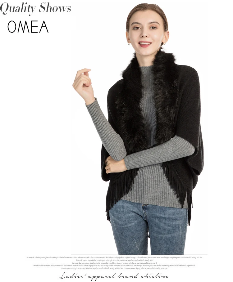 OMEA Fur Collar Poncho Women Winter Knitted Pullover Poncho with Tassel Women Shawl Solid Color Female Ponchos and Capes Ladies