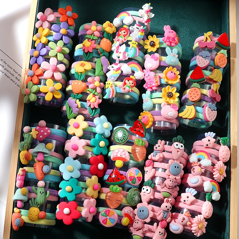 10PCS/Set Girls Rubber Band Elastic Hair bands Rainbow Cartoon Character Fruits Flower Headwear Girl Cute Sweet Hair Accessories