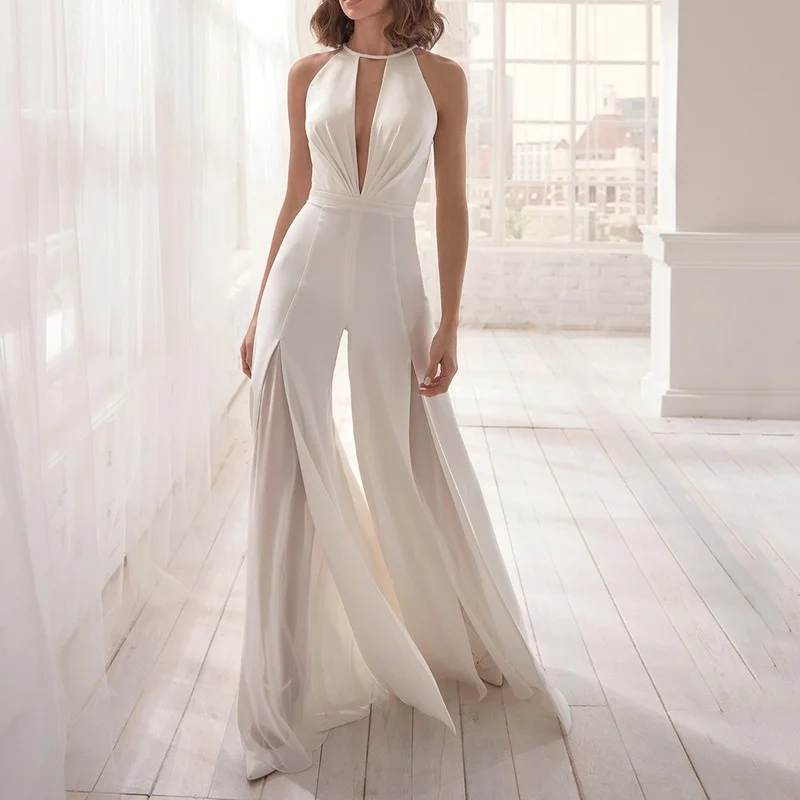 long sleeve wedding dresses Chiffon Halte Neck Jumpsuit Wedding Dress Elegant White Simple Sleeveless Bridal Gowns Robe Party Floor Length Vestido De Novia vintage wedding dresses