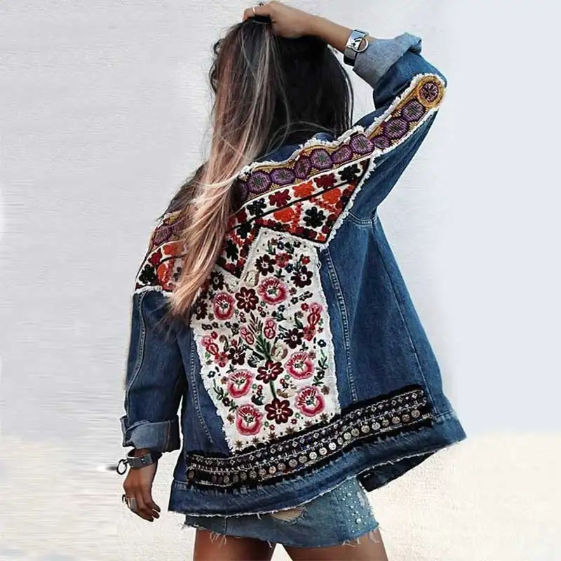 Gypsylady хлопковая джинсовая куртка с цветочной вышивкой в стиле ретро boho куртка с аппликациями пальто Женская Джинсовая Верхняя одежда с длинными рукавами chaquetas