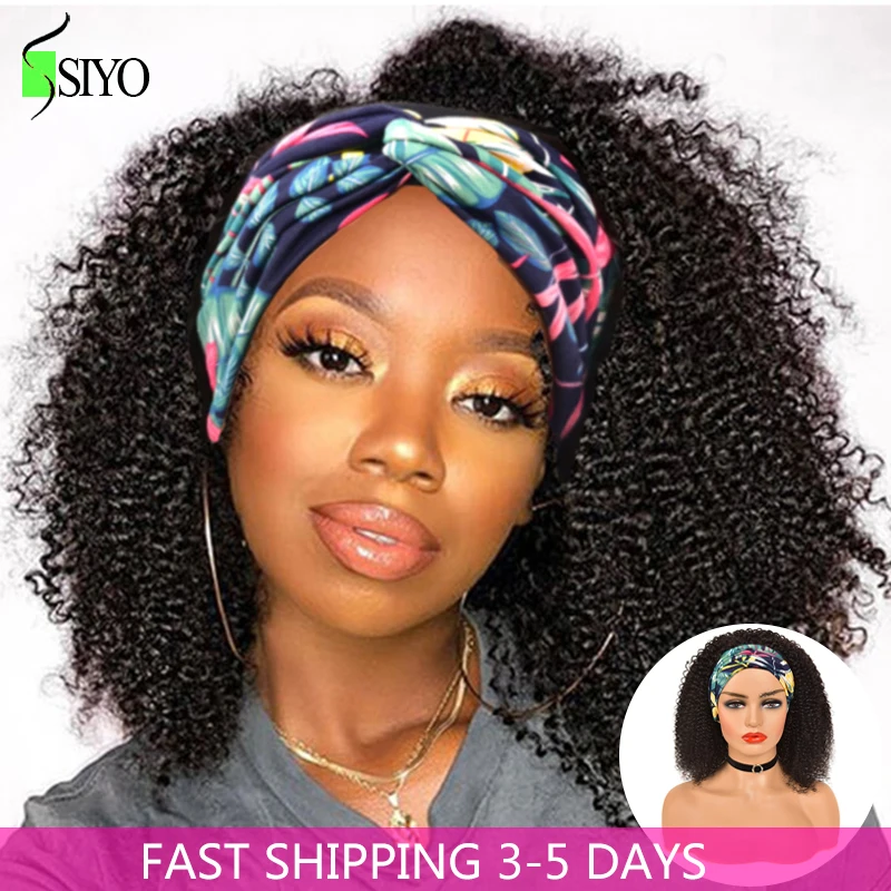 Siyo Afro Kinky Curly Headband Wigs 100% Malaysian Remy Human Hair Scarf Wig for Black Women Jerry Curl Full Machine | Шиньоны и парики