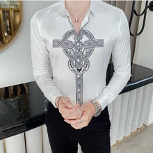 Новые мужские модные повседневные рубашки с принтом осенние приталенные рубашки с пуговицами Корейский Вырез воротник длинный рукав мужской деловой дизайн