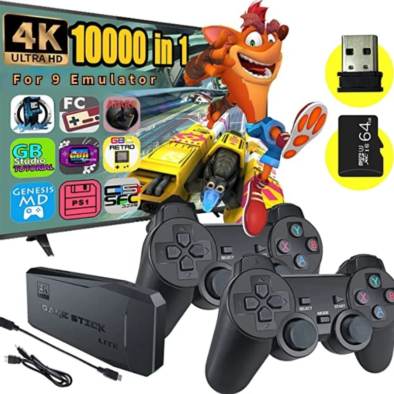 Консоль игровая 4K HD 2 4 ГГц двойной беспроводной контроллер для PS1/FC/GBA Ретро ТВ 10000
