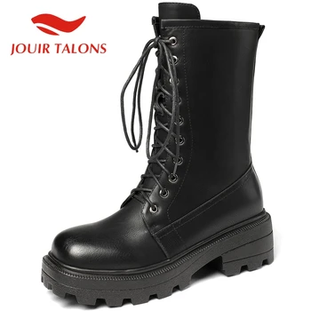 

JOUIR TALONS Hot Sale Brand New women shoes Causal Mid-calf Cross-tied Boots Platform Square Thick Heels Short Plush Boots