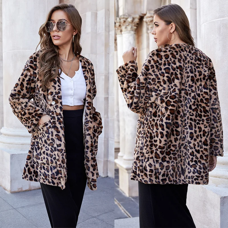 

Leopard Plush Women's Coat Casual Fashion Style Sexy Lapel Green Fur Coat Pocket Loose Plush Fashion Coat Autumn Winter New