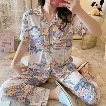 

Summer New Products Women'S Pajamas Short Sleeve Trousers Shirt Collar Cartoon Cute Students Piece Home Services