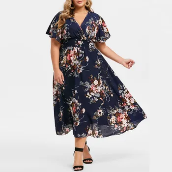 Fashion Women S Plus Size Floral Printed Maxi Dress V Neck Bohemian Short Sleeve Streetwear