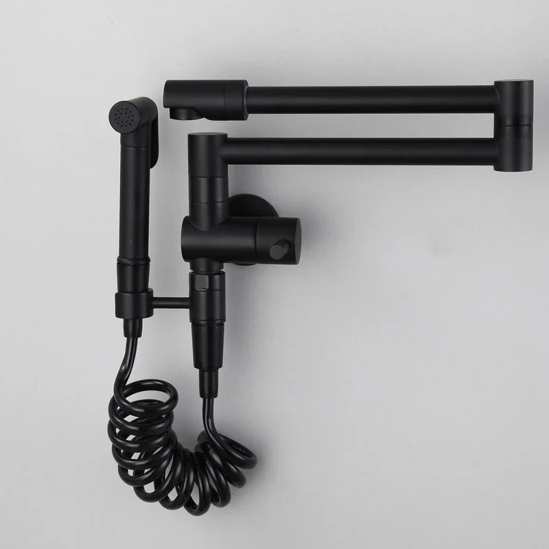 Kitchen Sink Faucet Black Solid Brass Hot & Cold Dual Handle With Spray Gun Wall Mounted Rotation Foldable Balcony Mop Pool Tap