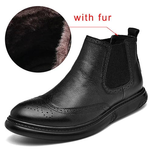 Модные ботинки с перфорацией типа «броги» из натуральной кожи; мужские зимние ботинки на меху; размеры 46; мужские кожаные ботинки высокого качества; зимняя обувь - Цвет: Black fur