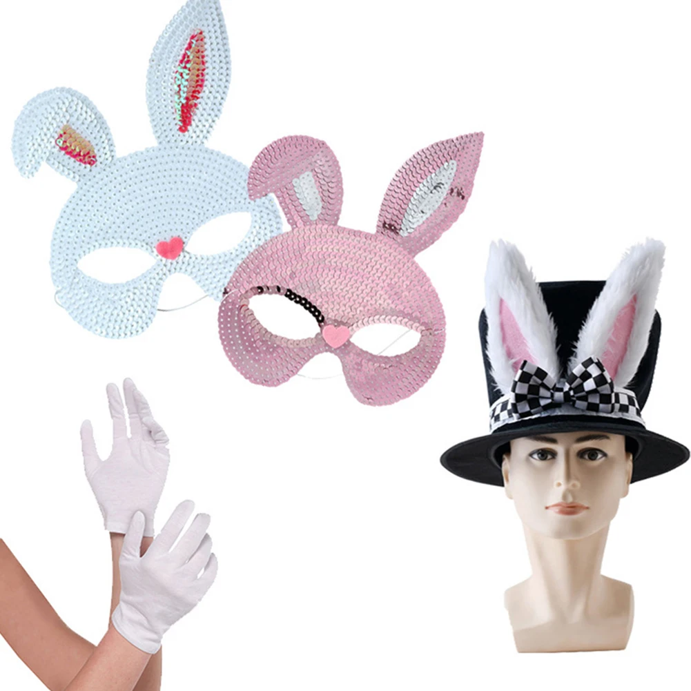 

Easter Rabbit Mask 4pcs Gloves Hat Set Women Sequin Half Face Cosplay Costume Accessory Rabbit For Easter Masquerade Cosplay