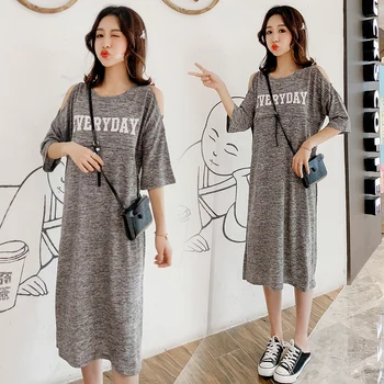 

9560# Summer Casual Straight Maternity Nursing Long Dress Breastfeeding Clothes for Pregnant Women Gray Pregnancy Breast Feeding