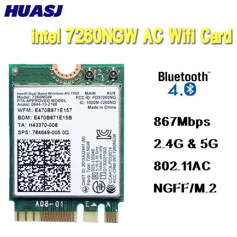 Huasj Per Intel Dual Band 7260 7260Ngw Wireless-Ac Ngff 2X2 802.11Ac 867Mbps Wifi Bt 4.0 Wireless Wlan M.2 Card