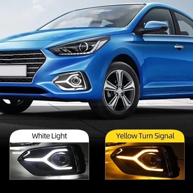 1Pair Yellow Turn Signal Function 12V Car DRL LED Daytime Running Light Fog Lamp For Hyundai Accent Solaris 2017 2018 2019 2020