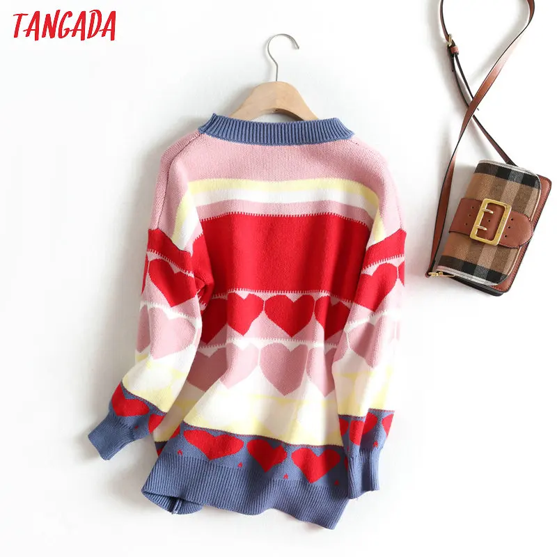 Tangada женский джемпер в полоску с милым сердцем, свитер, осенне-зимний модный вязаный пуловер с длинным рукавом, топ, BC65