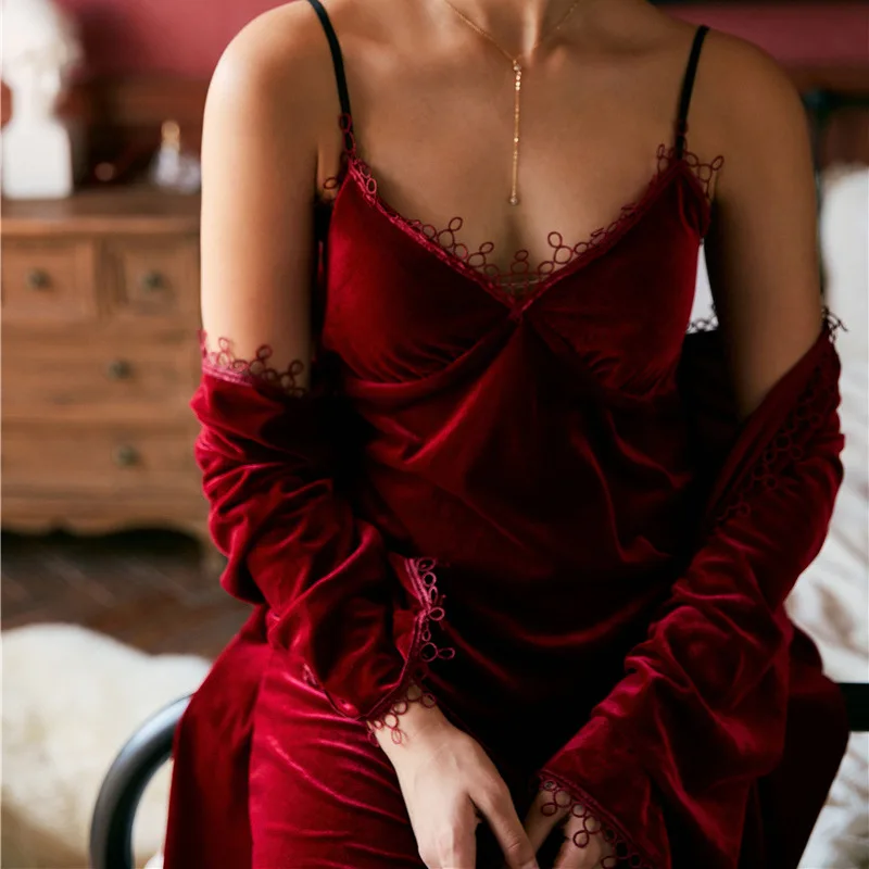 burgundy Женский велюровый Халат для невесты, халаты для невесты, комплект с кружевной отделкой, сексуальный костюм для сна, ночная рубашка, ночная рубашка, одежда для сна - Цвет: burgundy