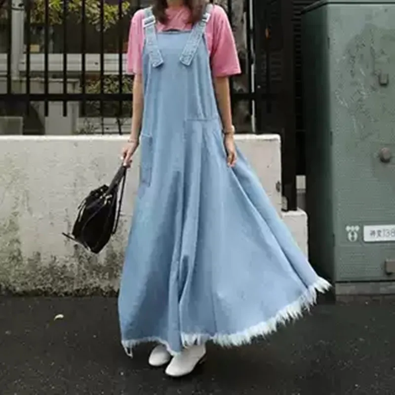 Новая мода S-XL платья для женщин длинные макси платья без рукавов весна осень джинсовый светильник голубое платье с кисточками - Цвет: Синий