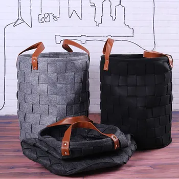 

Handmade Weaved Felt Storage Buckets Stitching Desktop Sundries Debris Storage Bin Dirty Cloth Laundry Basket Kids Toy Organizer
