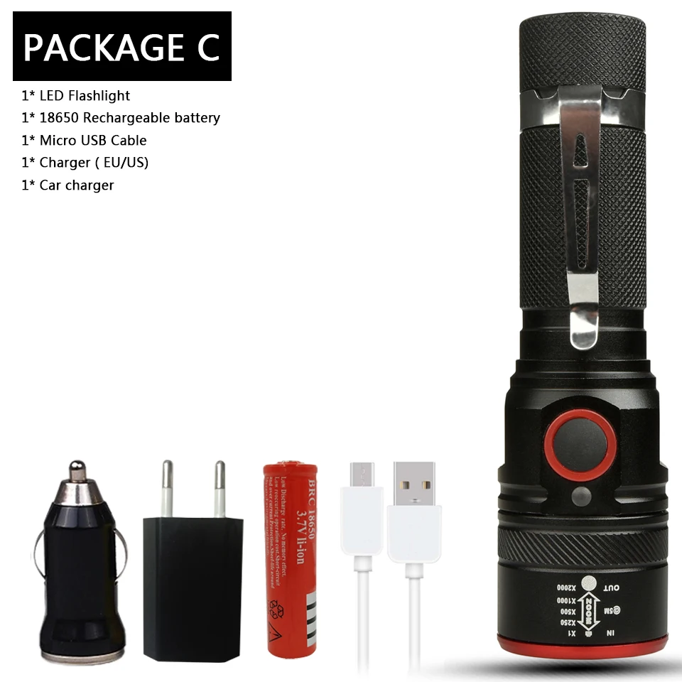 XM-L T6 Супер яркий светодиодный флэш-светильник USB linterna светодиодный фонарь с регулируемой мощностью велосипедный светильник 18650 перезаряжаемый - Испускаемый цвет: Package C