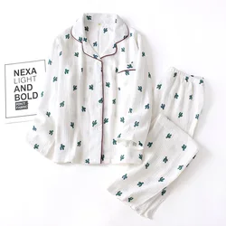 Japanese Cute Ladies Pajamas Two-piece Long-sleeved Trousers 100% Cotton Crepe Casual Plus Size Home Service Lapel Suit Women