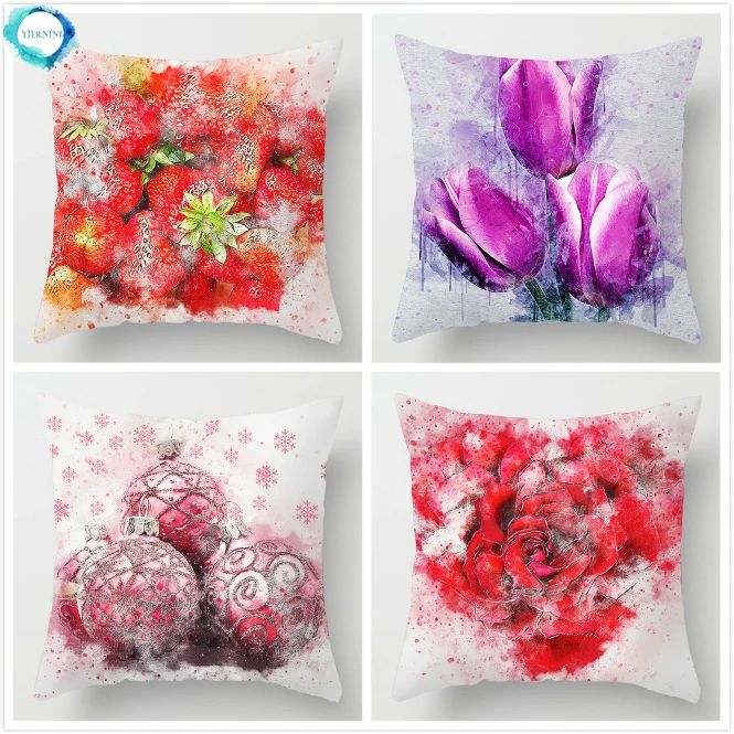 

Flower Plant Strawberry Throw Pillow Cushion Cover Polyester Sofa Cushion Pillow Case for Room Decoration Christmas Gift