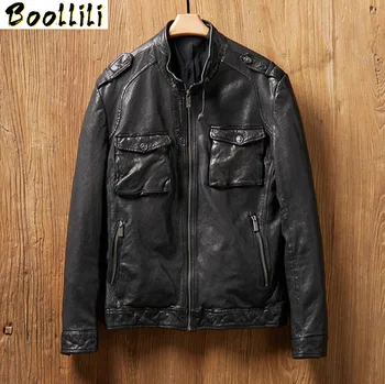 

Boollili 2020 Spring Real Leather Jacket Men Sheepskin Leather Coat Motorcycle Biker Jacket Vintage Slim Fit
