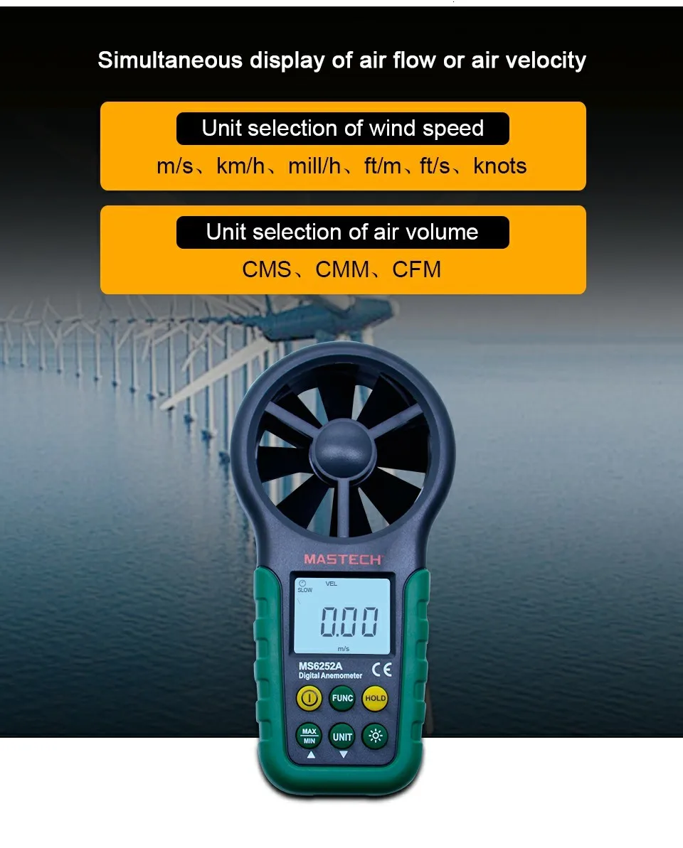 MASTECH MS6252A измеритель скорости ветра Многофункциональный цифровой анемометр Тахометр/объем воздуха