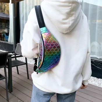 

Money Belt Colorful Women Fish Scale Pattern Waist Bag Chest Bag Hip Hop Zipper Chest Bag Bolsa De Cintura Neon #3
