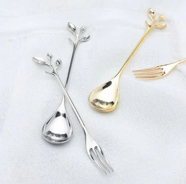 

Alloy Forks&spoon Gold Shaped Leaves Silver Copper Coffee Forks Kitchen Cutlery Dining Room Snack Bar Sweet Dinner Set 12cm