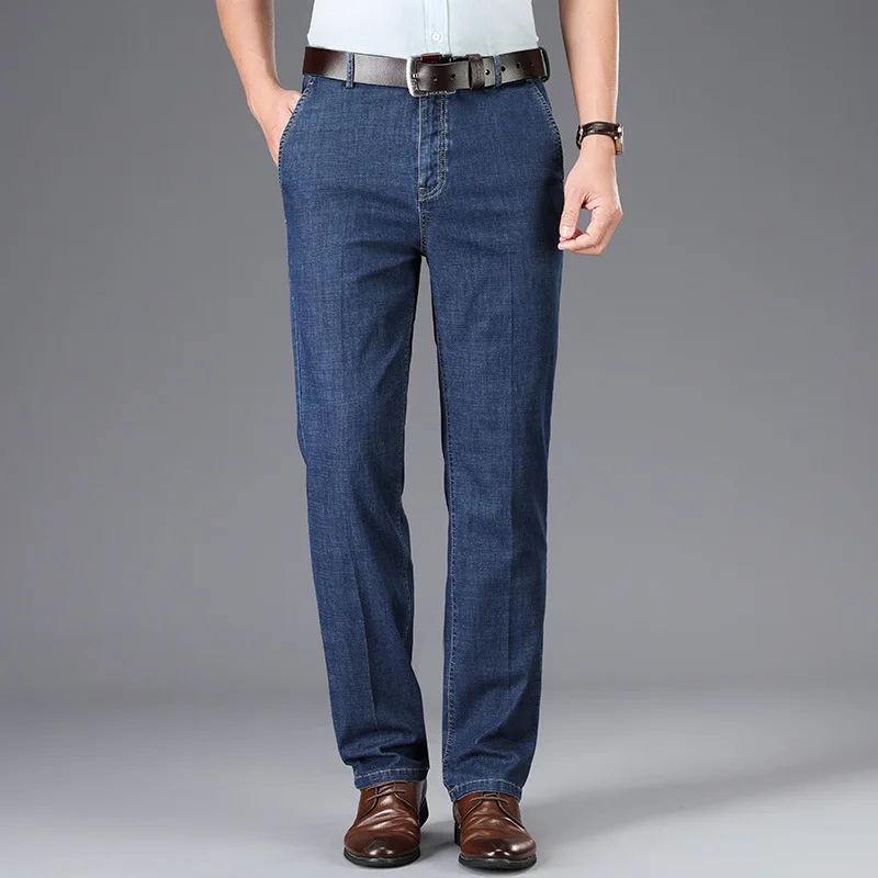 

2020 New Fashion Men Jeans Blue Classical Vintage Elastic Casual Business Long Pants High Waist Father Smart Straight Jeans Men