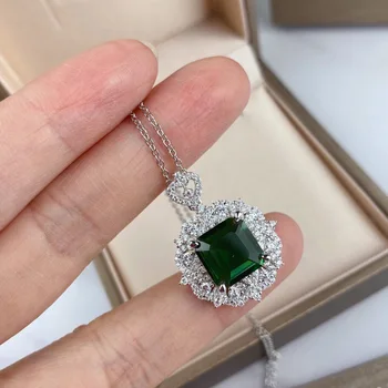 

Women real 925 sterling silver Synthetic Emerald diamond stone flower pendant necklace vintage colier femme party jewellery