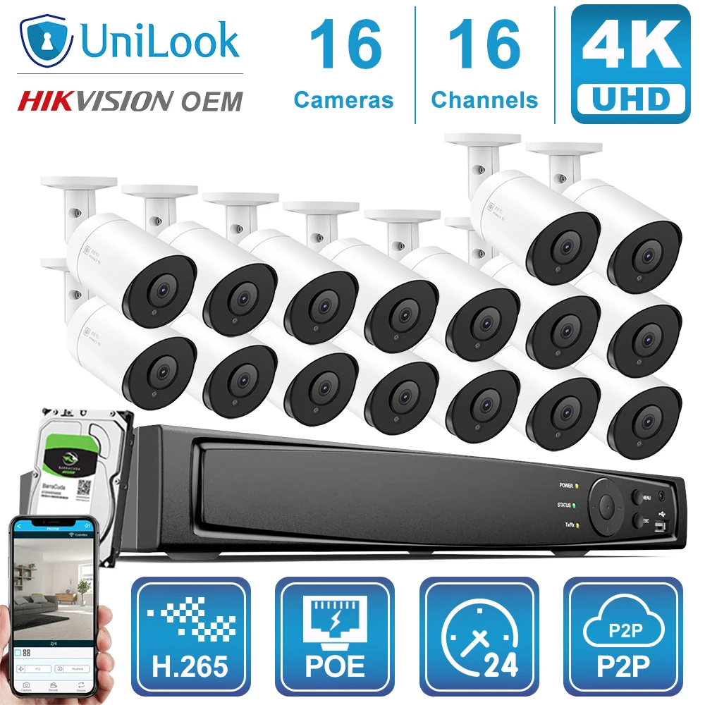 UnILook 16CH NVR 8/10/12/16Pcs 4K 8MP Bullet POE IP Camera Kit Security CCTV Audio Night Vision 30m H.265 P2P View | Безопасность и