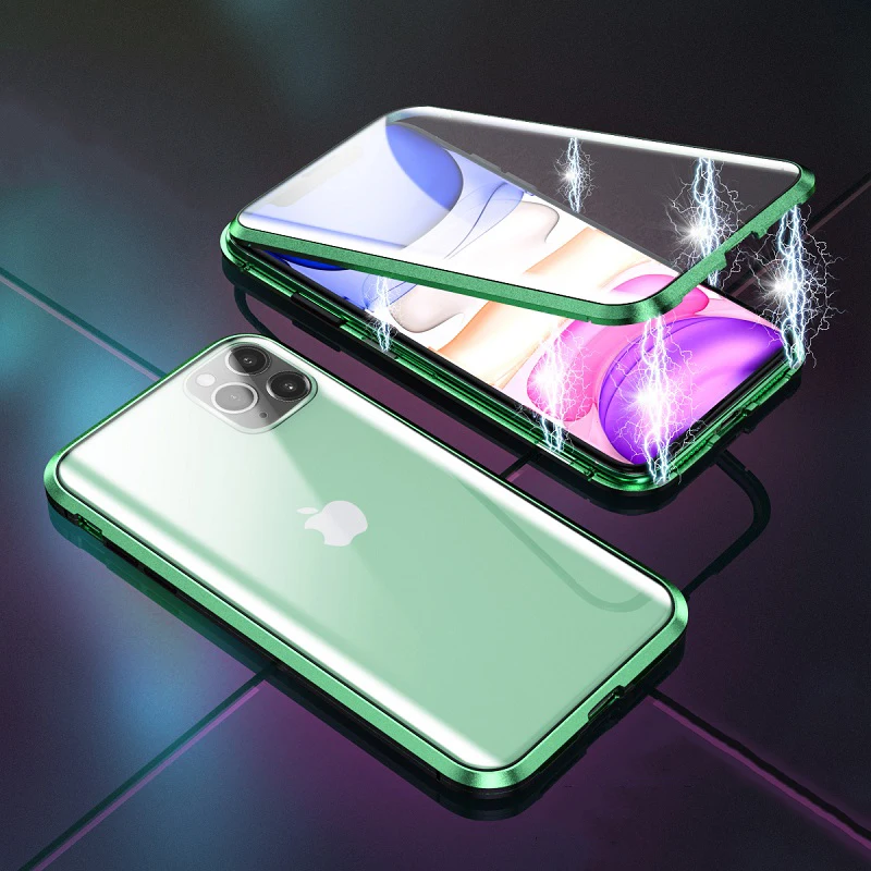 Зеленый Магнитный чехол для iPhone 11 X Xr Xs Max 6 6s 7 8 Plus, противоударный чехол для iPhone 11 Pro Max, задняя крышка из закаленного стекла - Цвет: Зеленый
