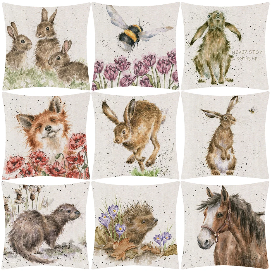 Ручной рисунок, милые животные, заяц, лиса, чехлы для подушек, ежик, лошадь, панда, пчела, альпака, наволочки, декоративный льняной чехол для подушки