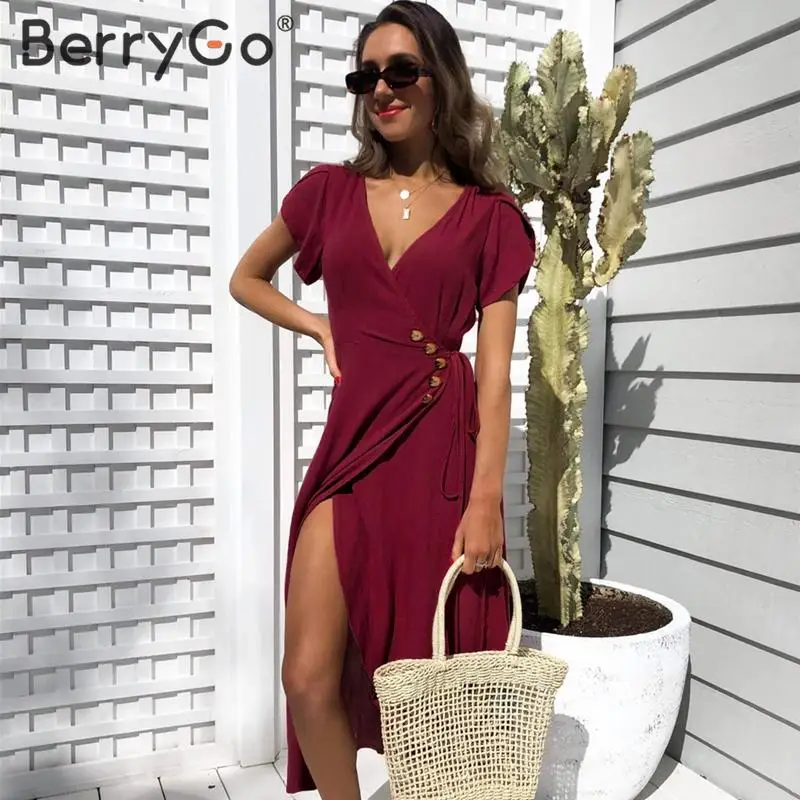 BerryGo, сексуальное женское платье трапециевидной формы с v-образным вырезом, элегантное женское хлопковое облегающее платье, Повседневное платье на пуговицах, платье на весну и лето