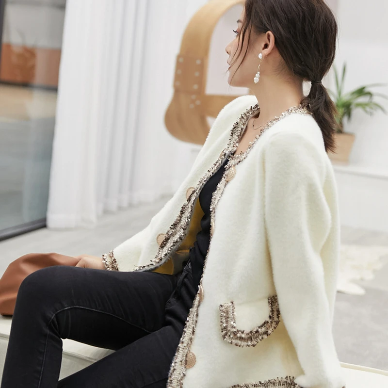 GALCAUR лоскутное твидовое Вязание женские свитера с круглым вырезом с длинными рукавами и карманами корейские женские кардиганы осенние модные новые