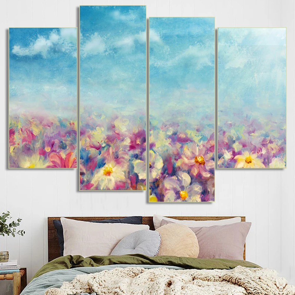Холст Искусство 4 панели абстрактные цветы Картина маслом скандинавский Декор