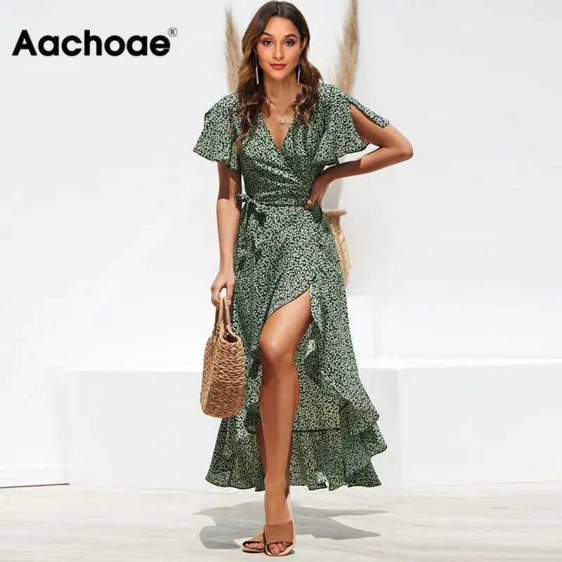Long Wrap Dress 2020 Summer Boho Style Floral Print Maxi Beach Dress Sexy Side Split Elegant Party Dress Sundress Vestidos