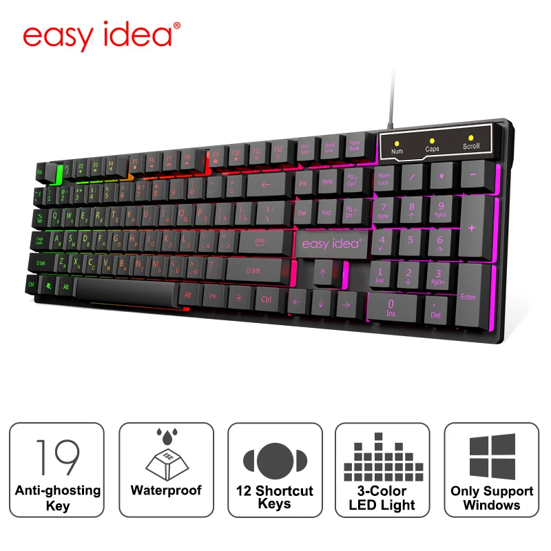 

RGB Gaming keyboard Gamer keyboard with backlight USB 104 Rubber keycaps Wired Ergonomic Russian keyboard For Tablet Computer